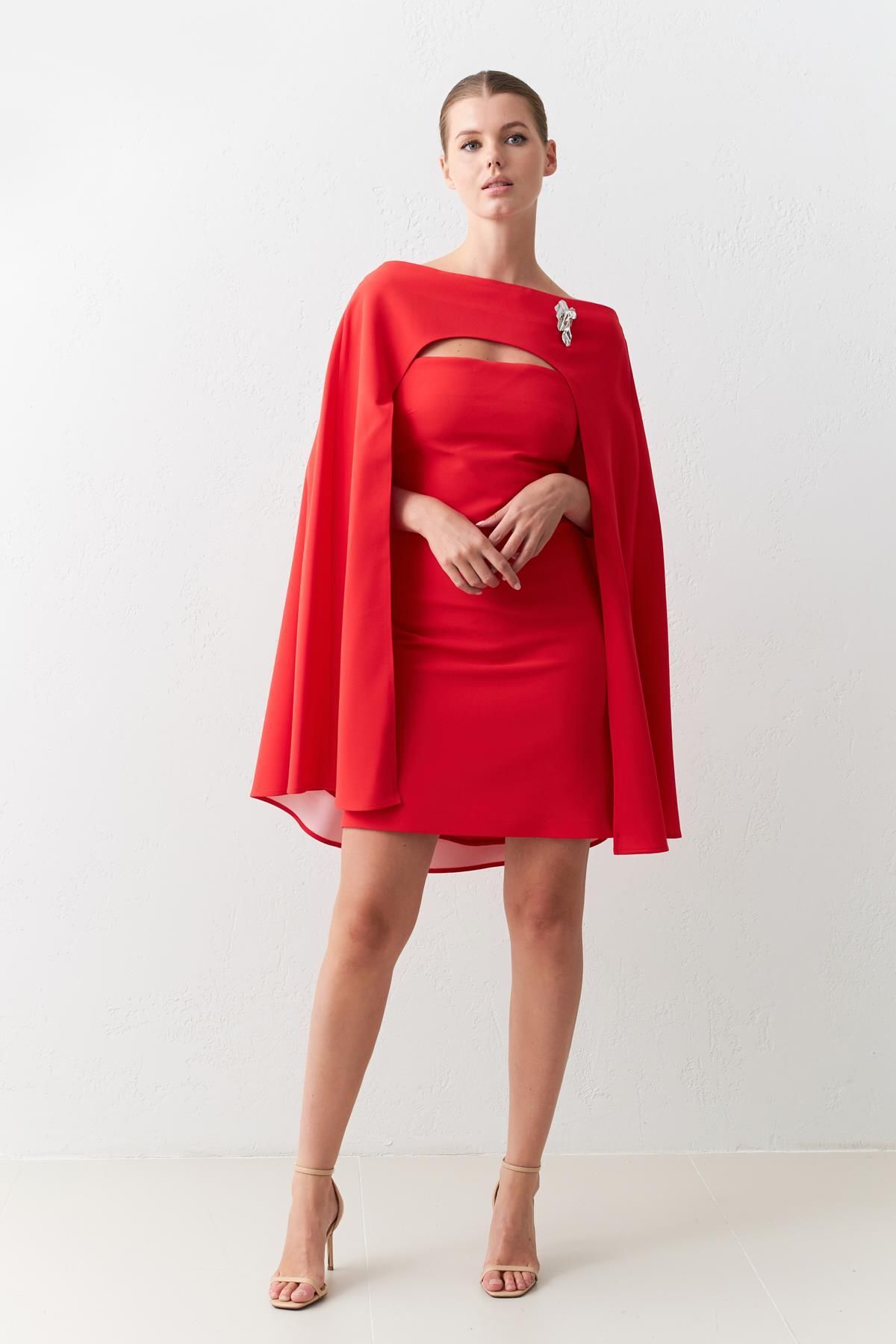 Setre-Red Mini Dress with Brooch Detail and Cloak - Waist Seated 4