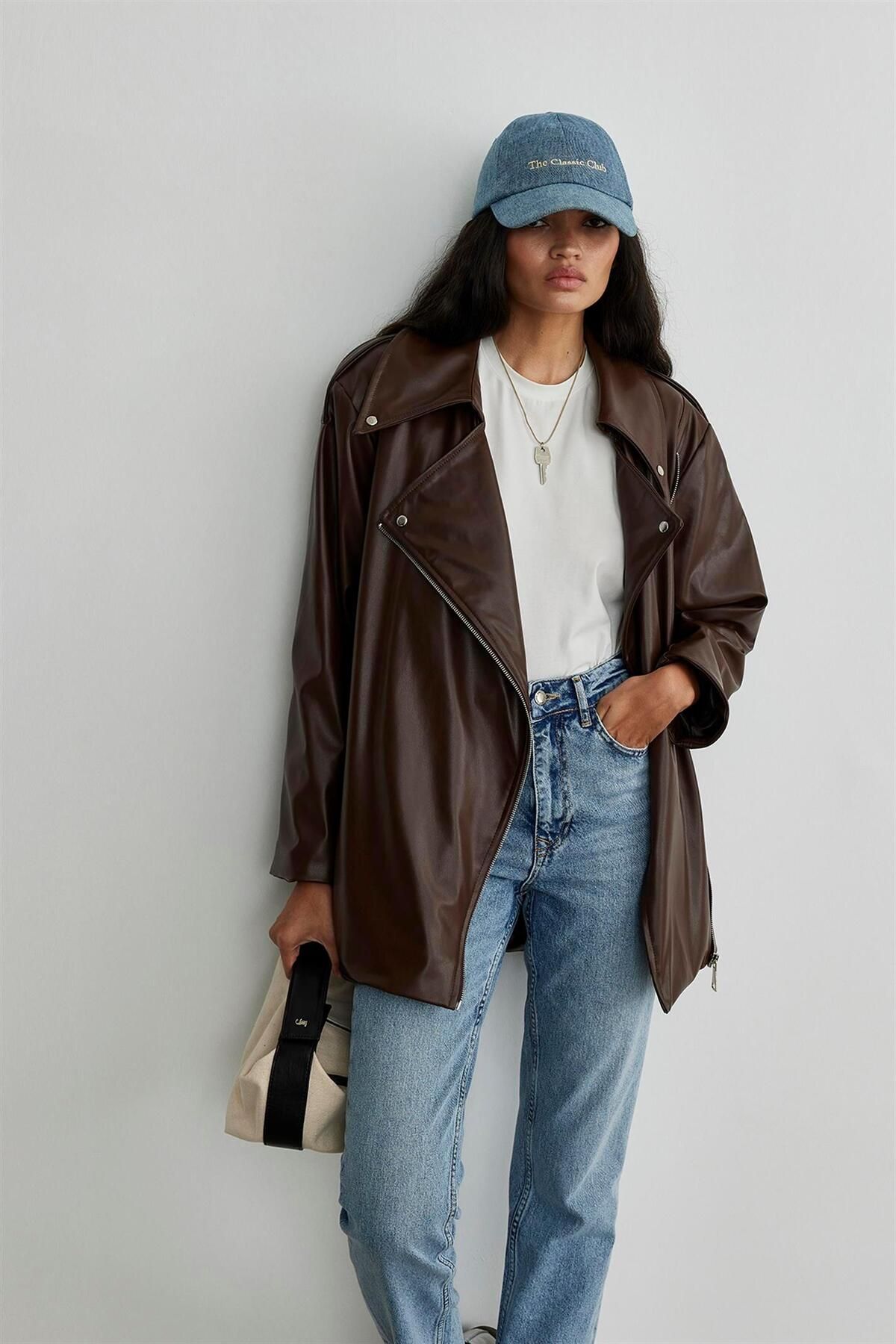 Suud Collection-Brown Leather Biker Trench Coat 3