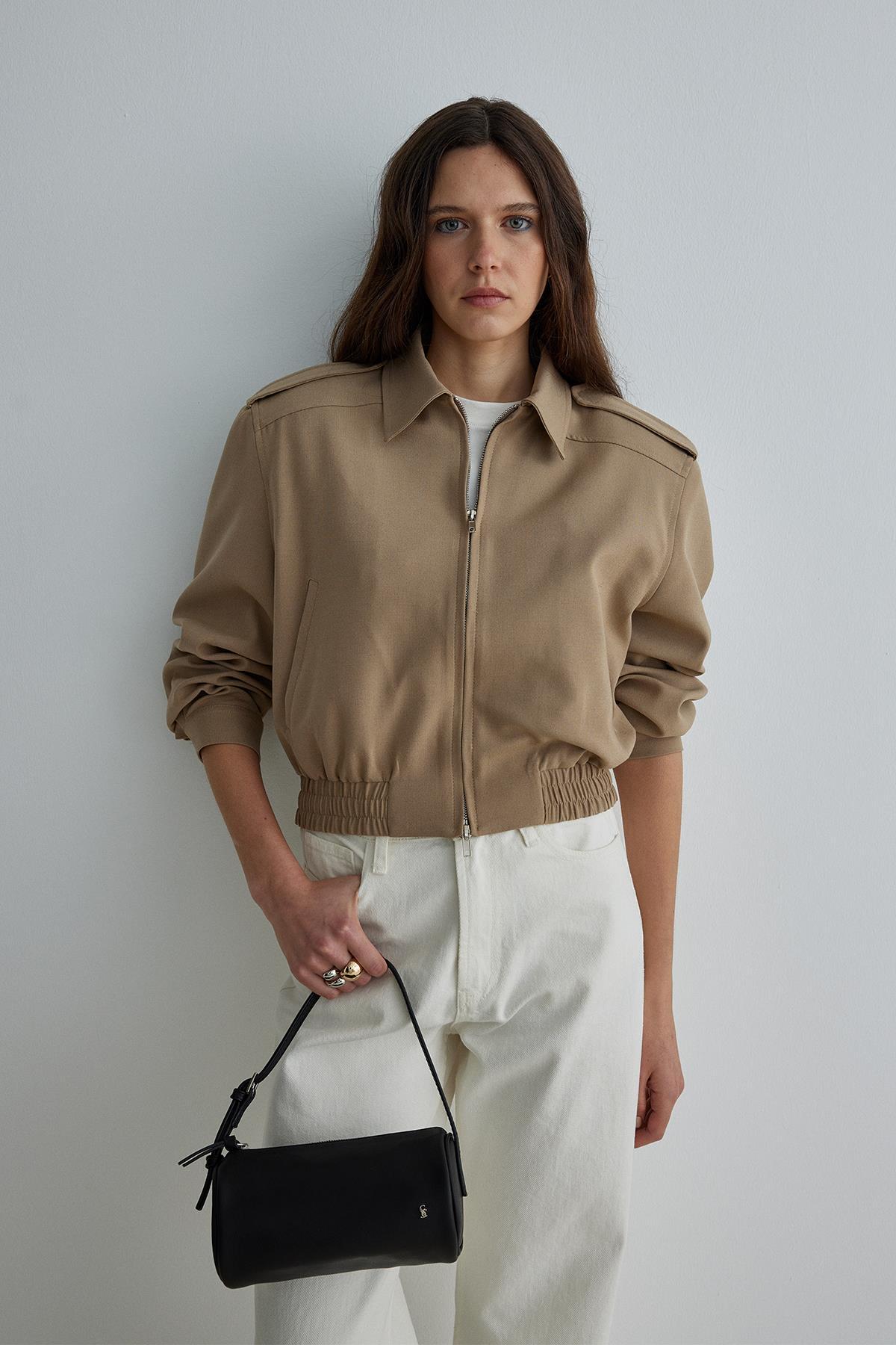 Suud Collection Camel Cooper Crop Bomber Ceket görsel 7