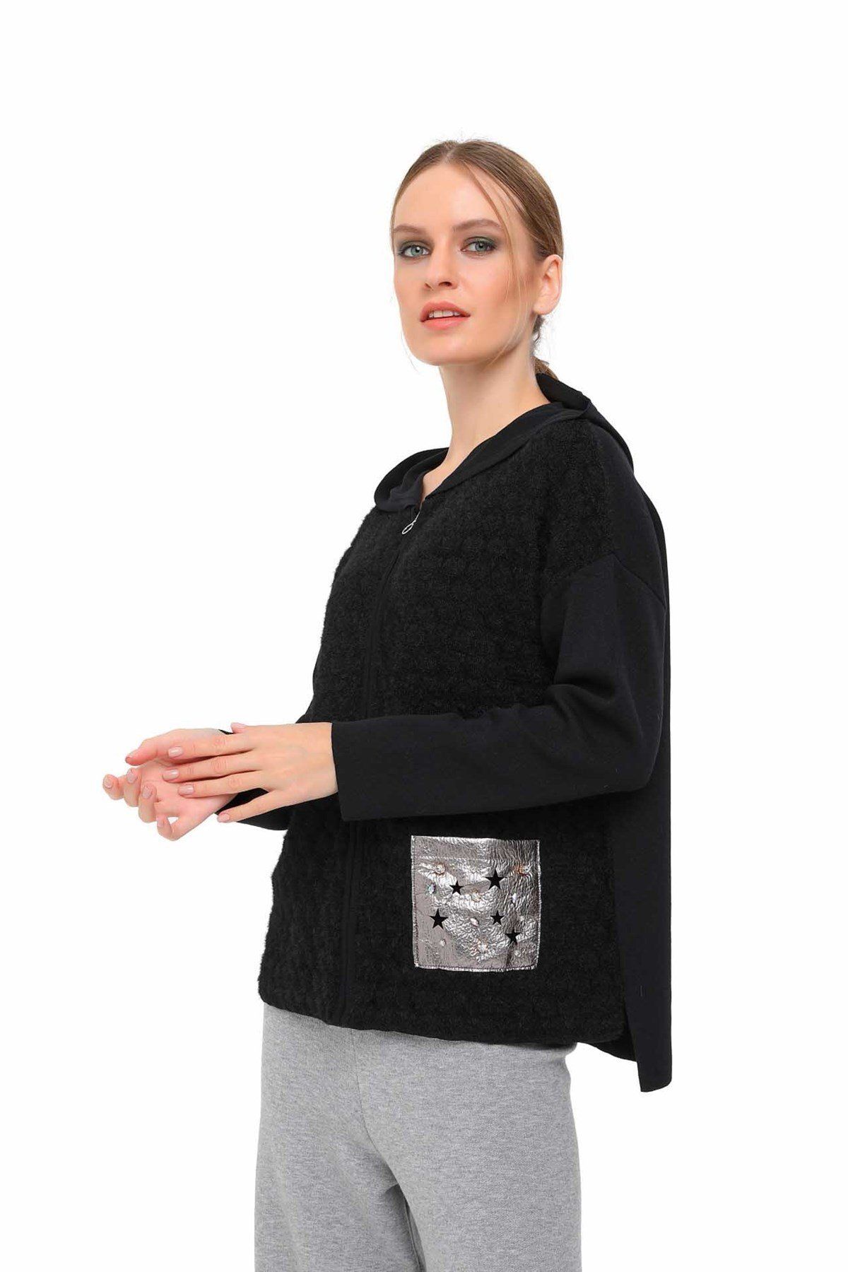 Two Mail-Cardigan cu buzunar negru 2