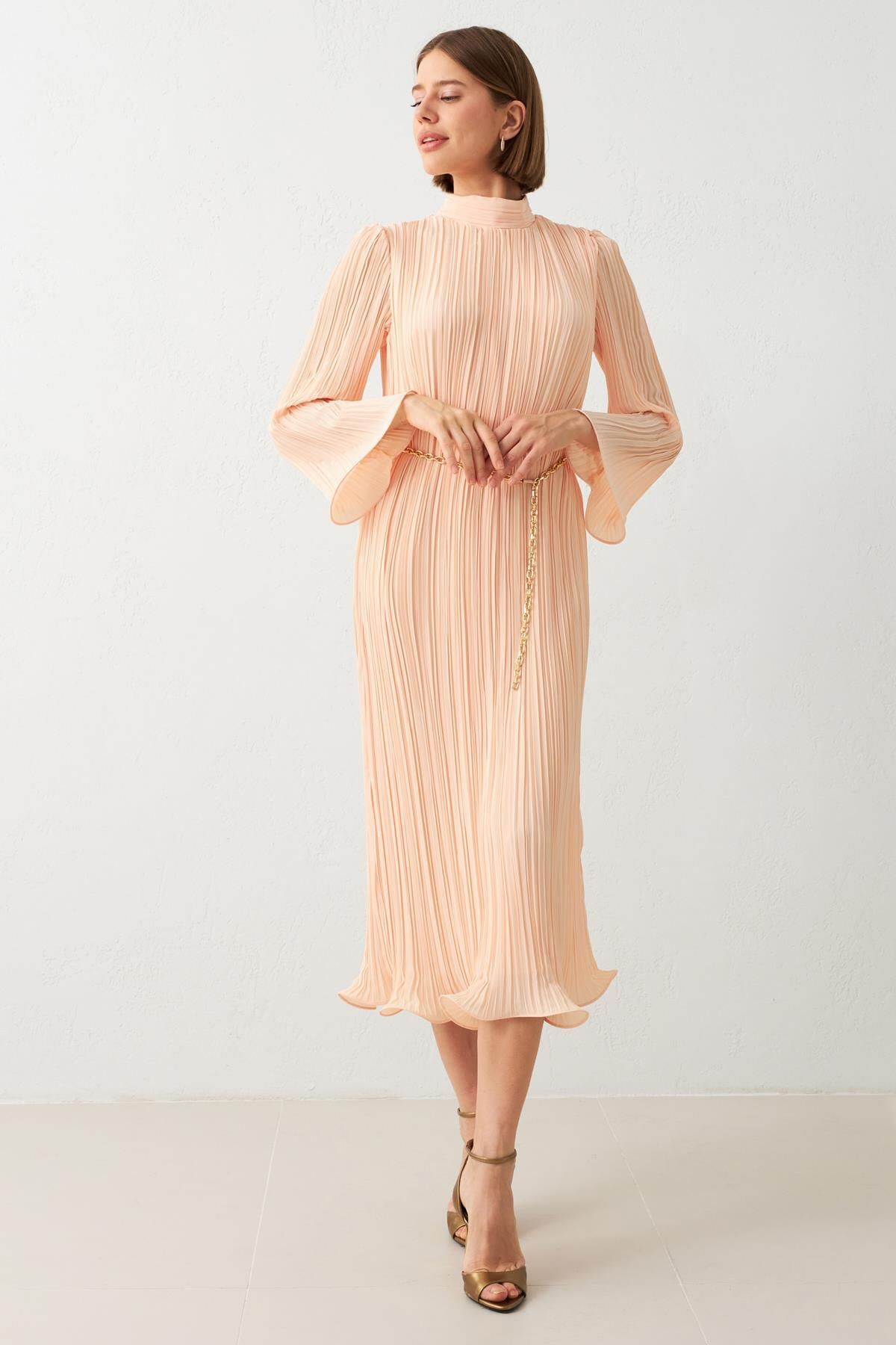 Setre-Light Salmon Turtleneck Waist Belt Detailed Midi Length Wide Fit Dress 5