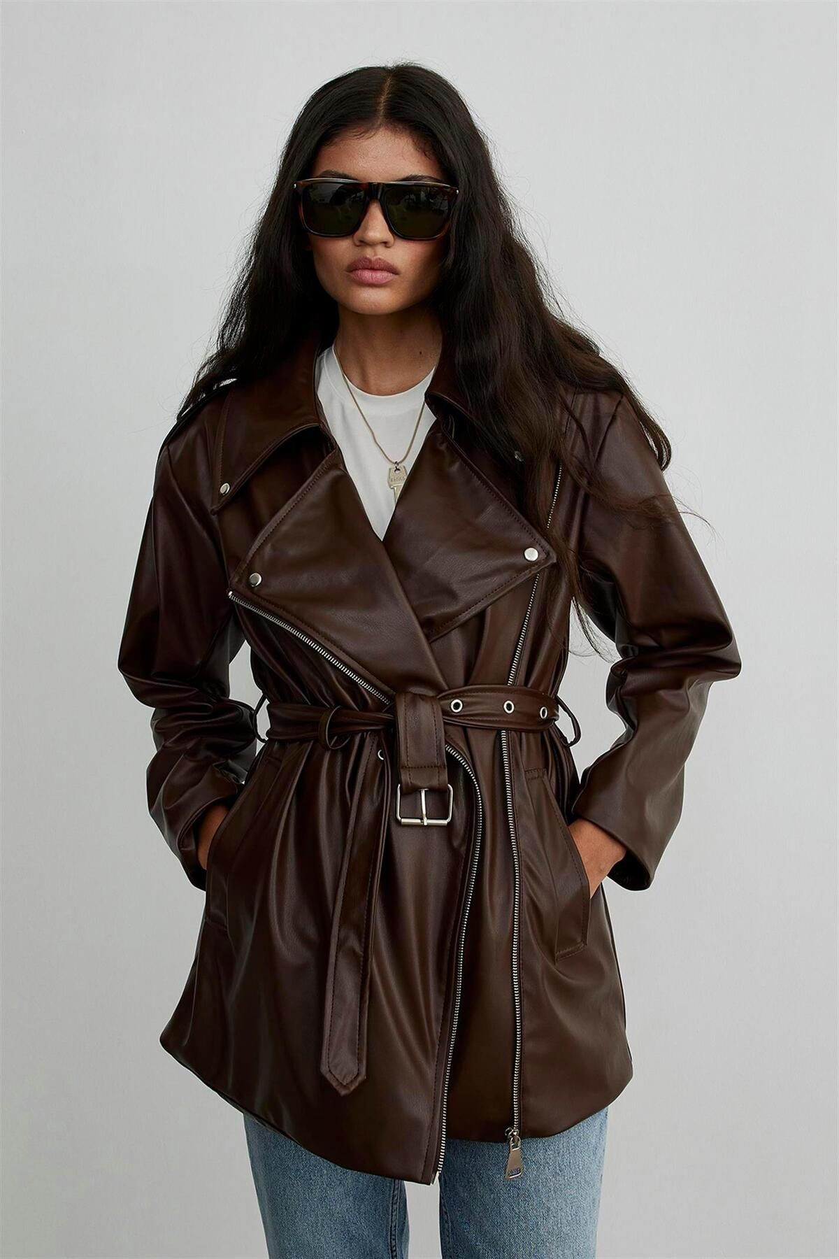 Suud Collection-Brown Leather Biker Trench Coat 4