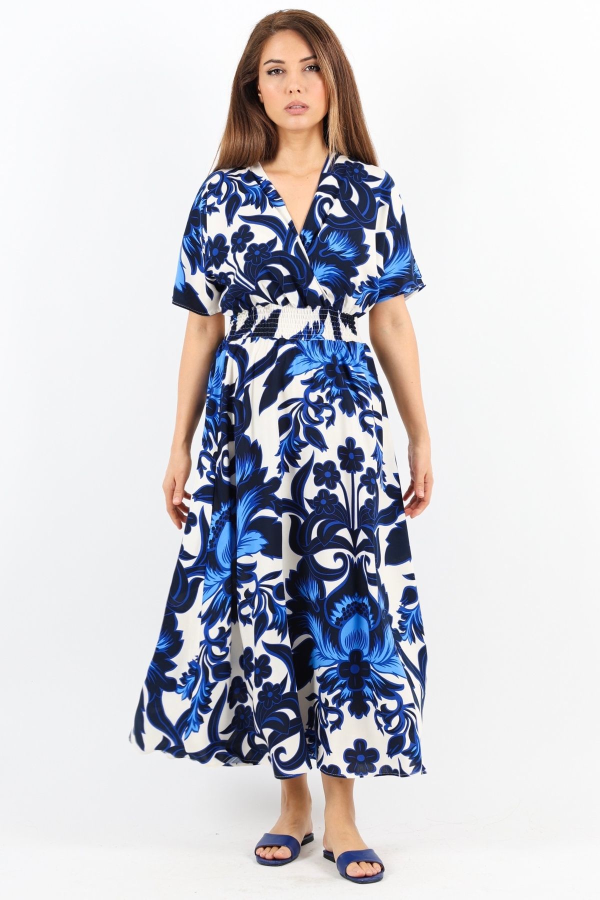 Ritnice-Rochie de damă din viscoză albastră și alba - elastic in talie Aren 3