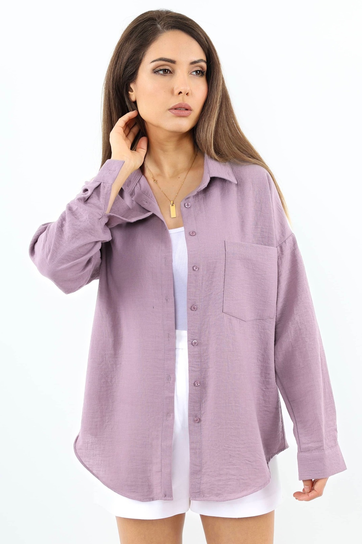 Ritnice Kadın Well Violet Keten Gömlek görsel 7