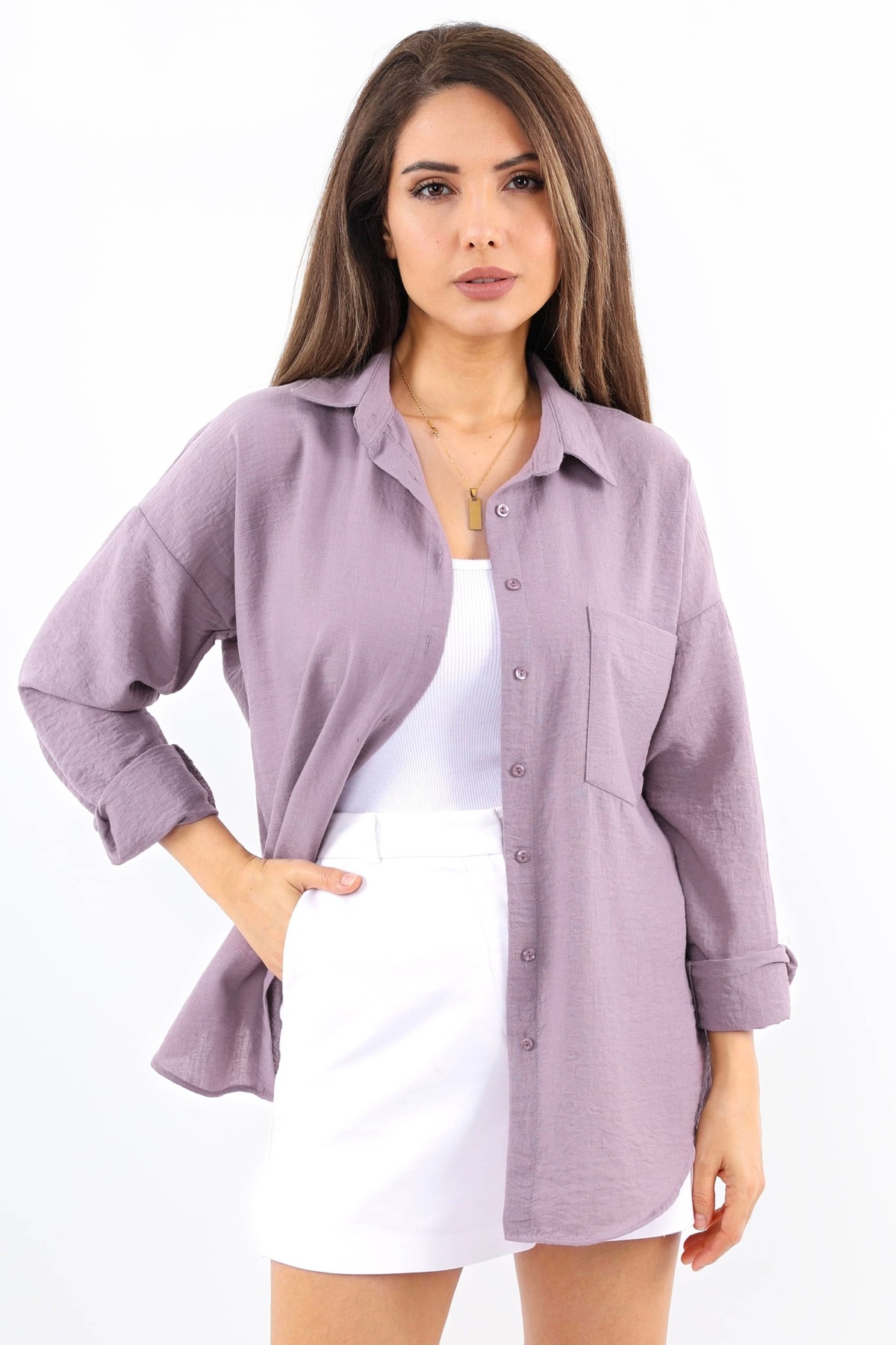 Ritnice Kadın Well Violet Keten Gömlek görsel 4