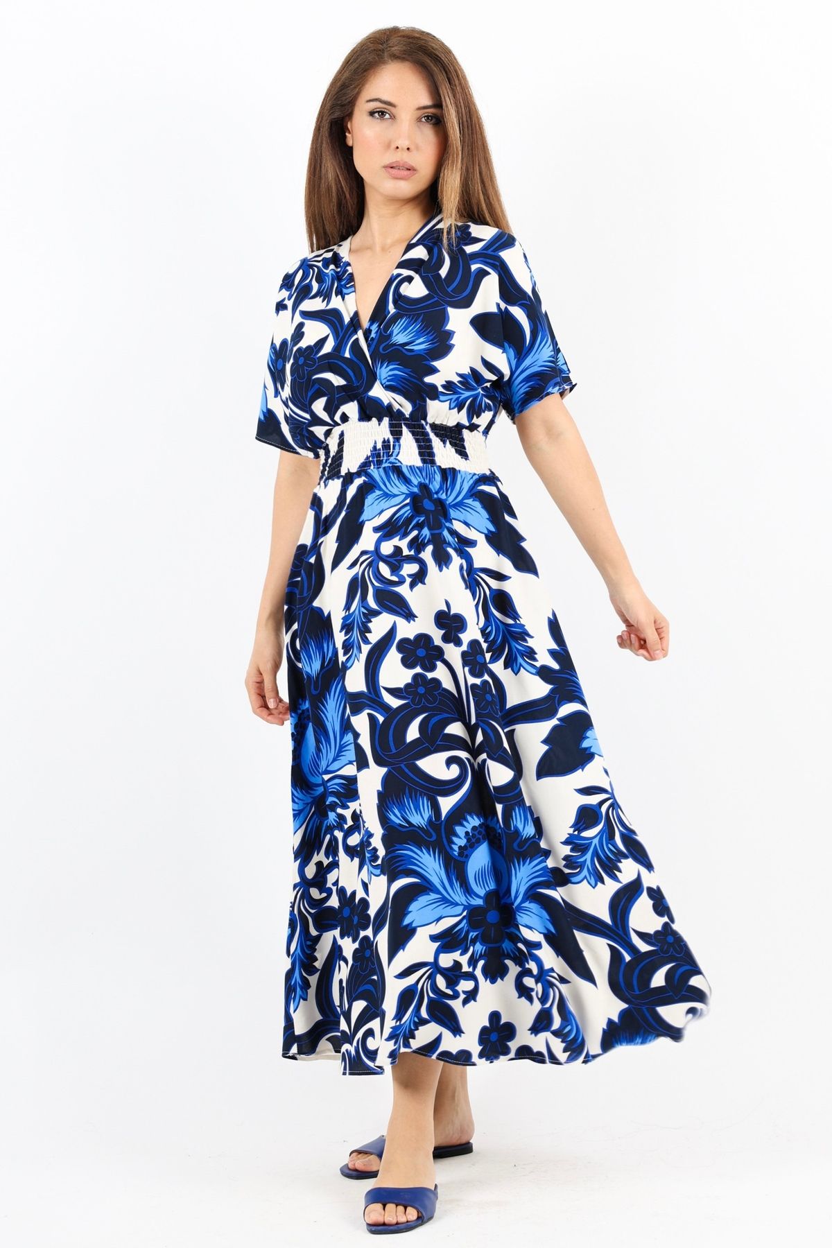 Ritnice-Rochie de damă din viscoză albastră și alba - elastic in talie Aren 7