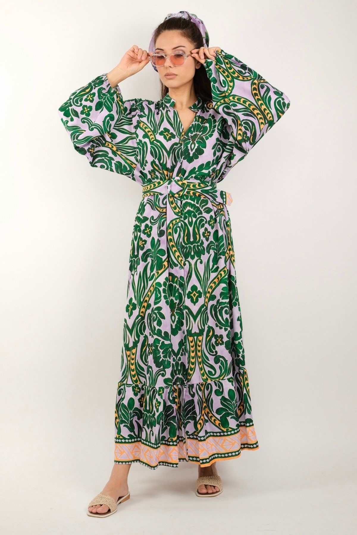 Ritnice-Prive Jules Women's Dress - 100% Viscose, Belt, Balloon Sleeve, Maxi Length, Green Pink, Long Summer 5