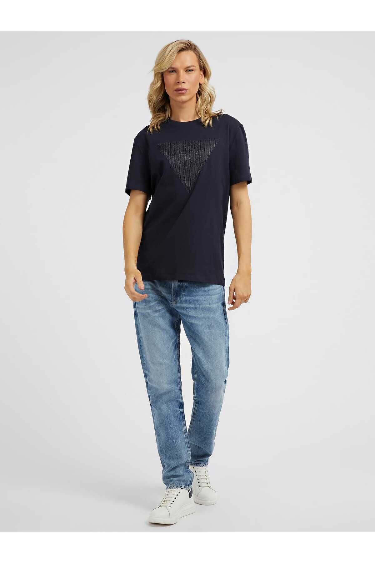 تی شرت آبی مردانه Slim Fit Gel براق Guess