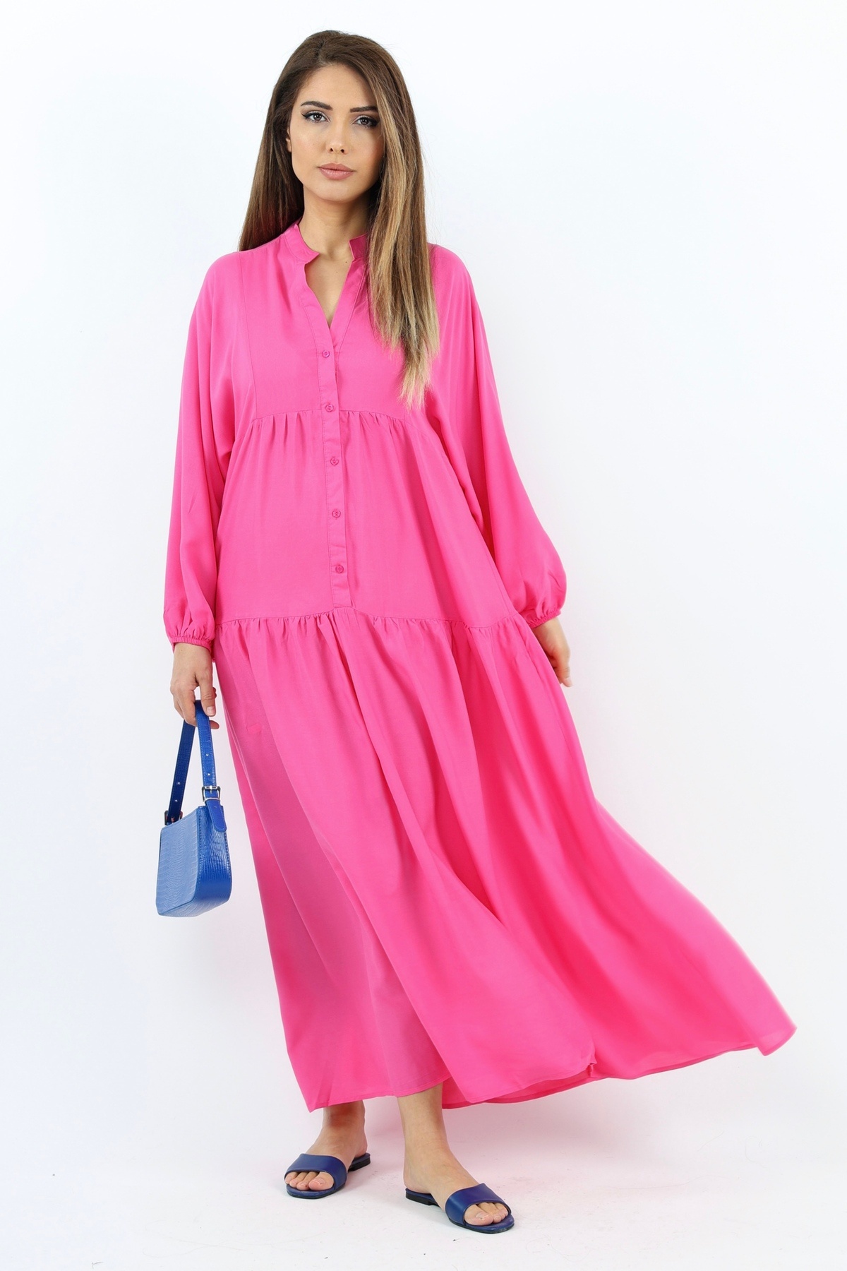 Ritnice-Rochie de damă Fuchsia Prive - 100% viscoză, lungime maxi, mânecă cu balon, vară lungă 7