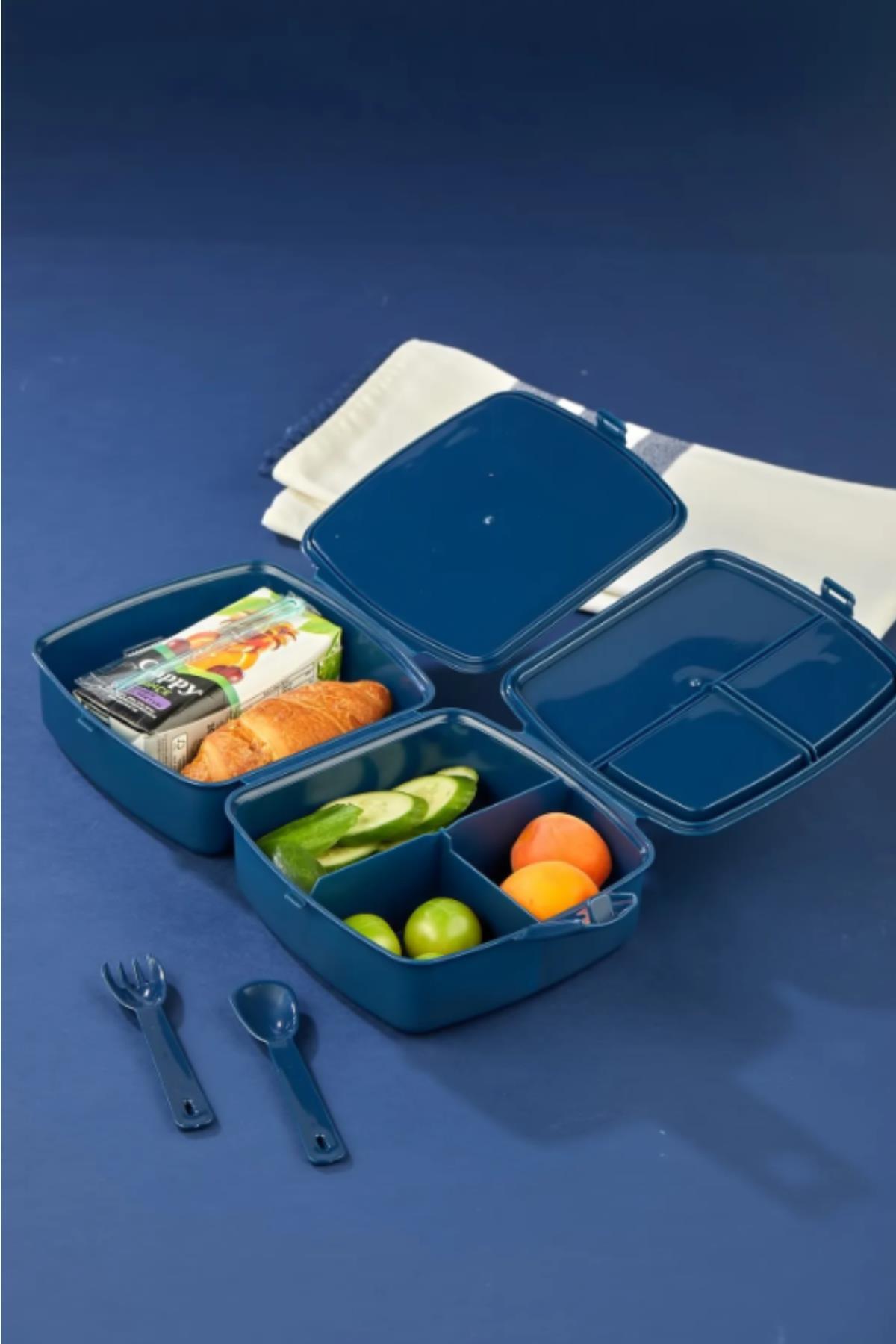 MasterCar Kare Uzay Model Kendinden Kaşıklı 4 Bölmeli 2 Katlı Beslenme Kutusu Piknik Seti Yemek Kabı