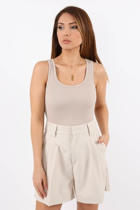 Ritnice Kadın Cotton Premium Doku Bej Pamuklu Basic Fitilli Atlet