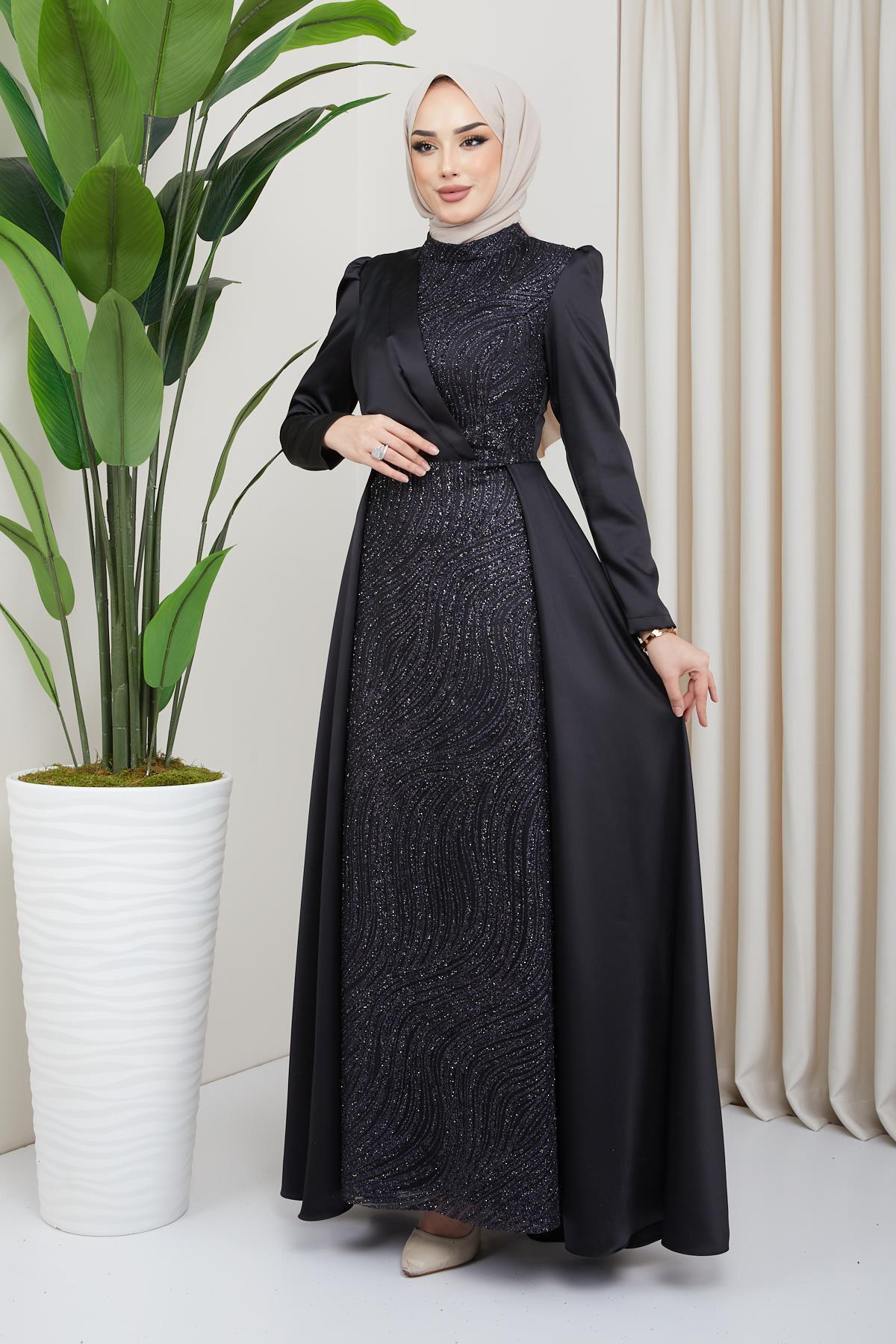 Olcay Satin Hijab Evening Dress with Sequin and Glitter Detail on the Front  and Cape Skirt BLACK 1642- Trendyol