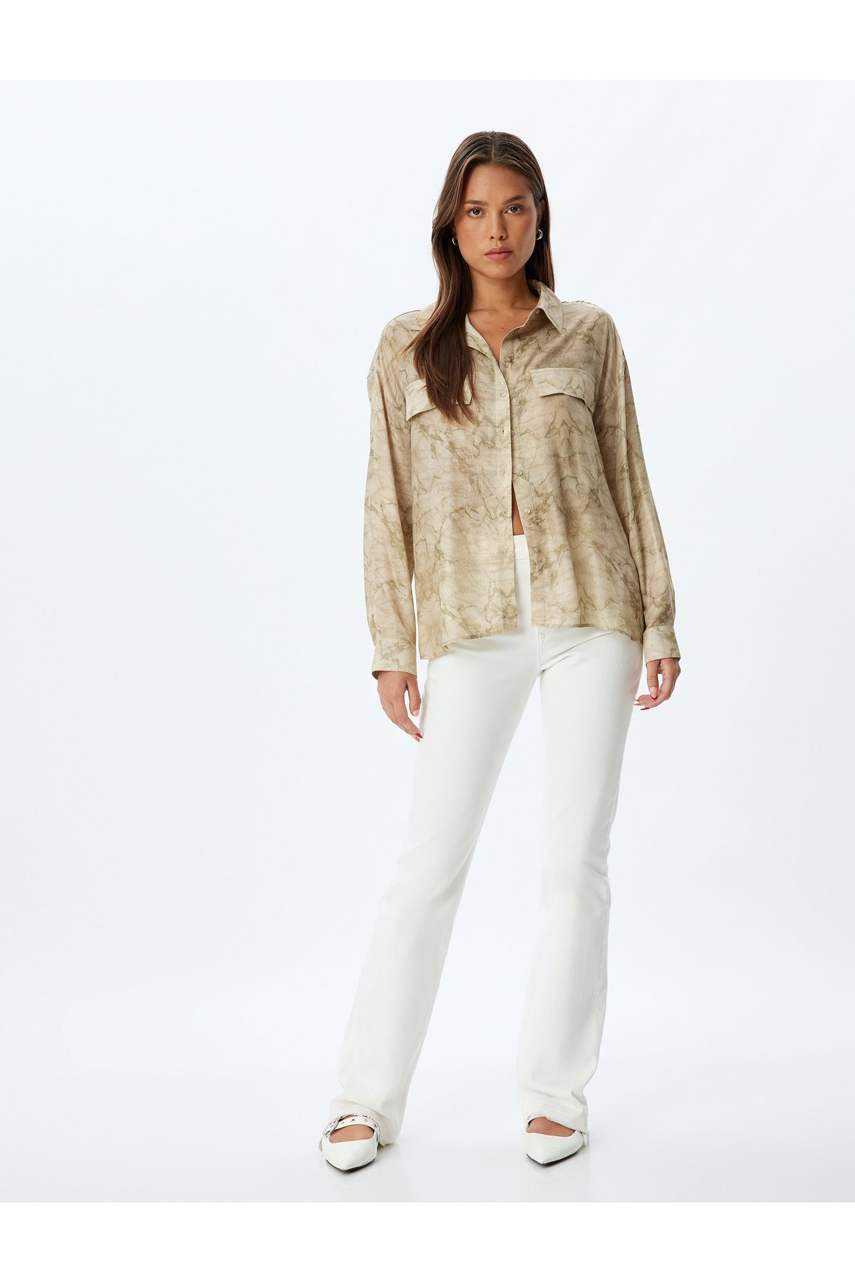 Koton-Long Sleeve Viscose Shirt - Tie-Dye Pattern and Flap Pocket Detail 2