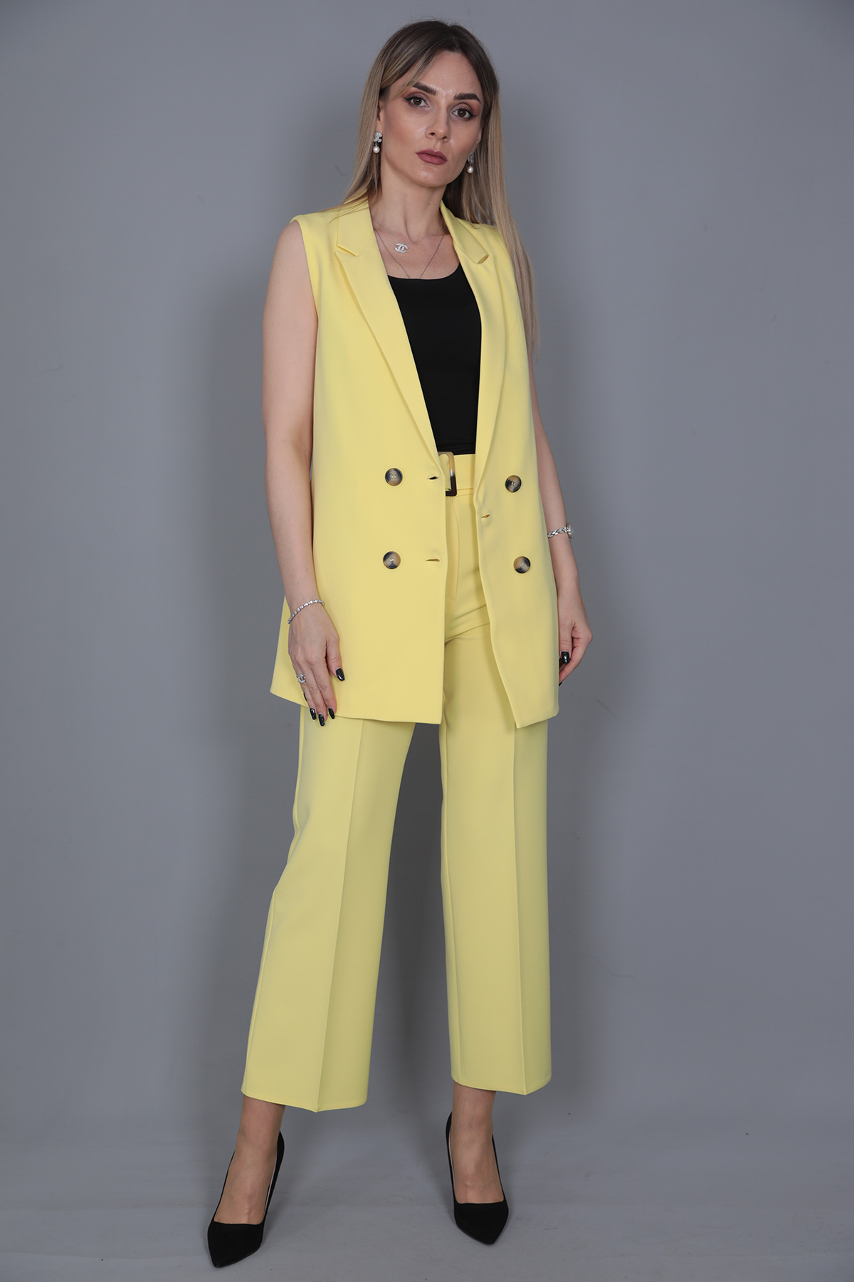 Midi Size Classic Vest & Short Wide Leg Pants-Yellow