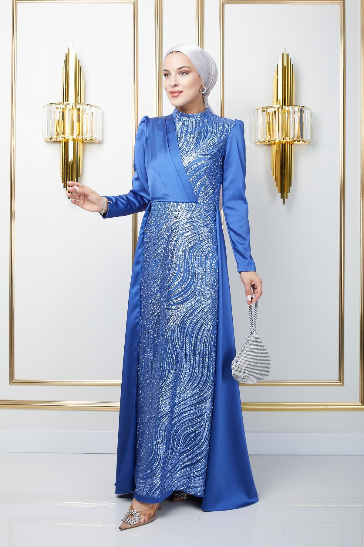 Olcay-Satin Hijab Evening Dress with Stamp and Glitter Detailed Cloak Hem INDIGO 1642 4