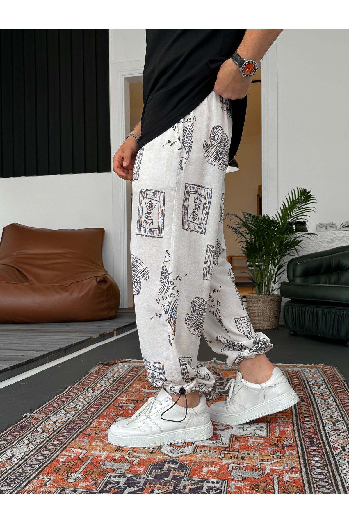 BYBASICMAN-Ecru Sketch Patterned Stopper Linen Trousers B-3033 4