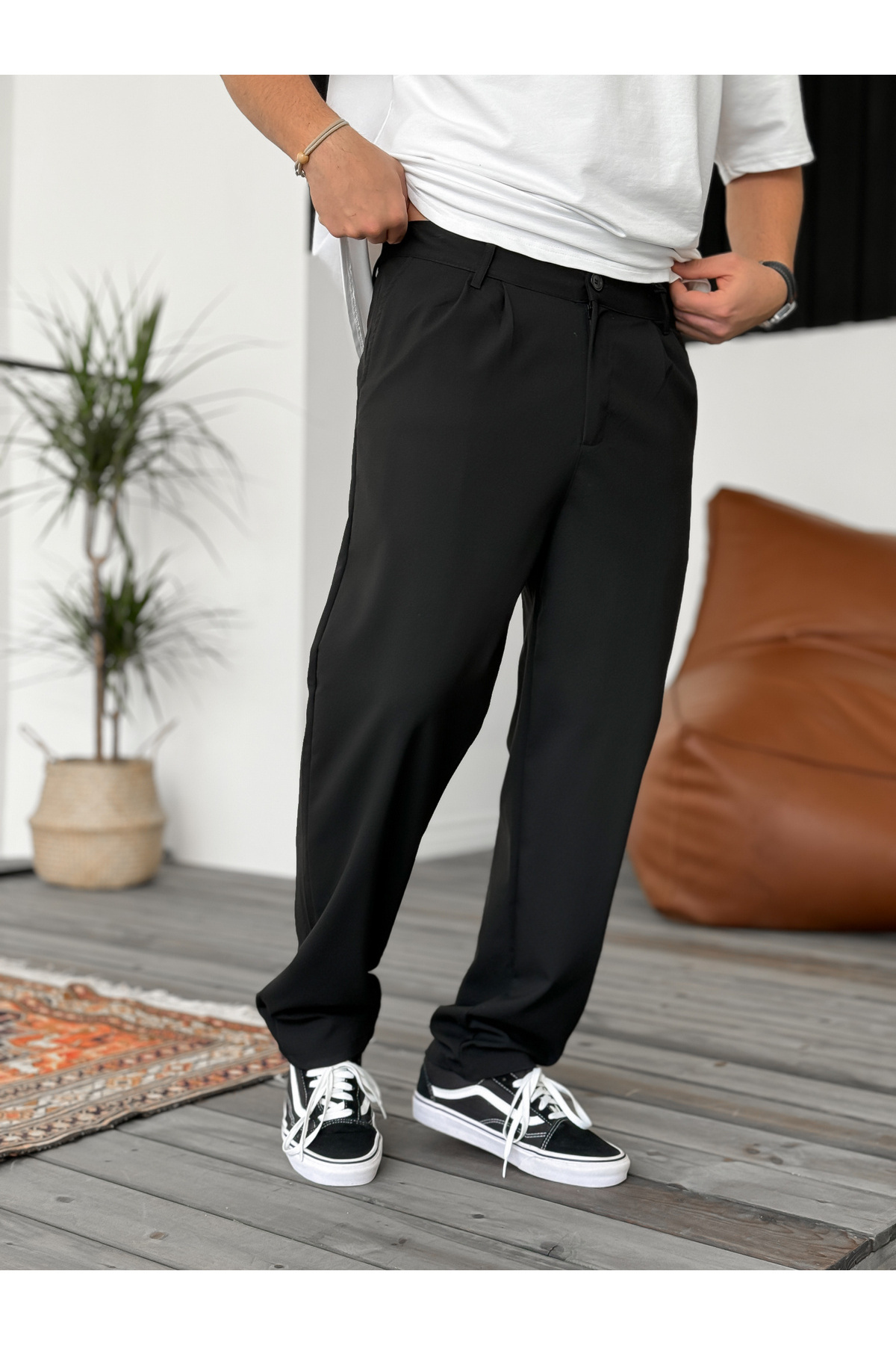 BYBASICMAN-Black Loose Fit Fabric Trousers Ke-Df 3