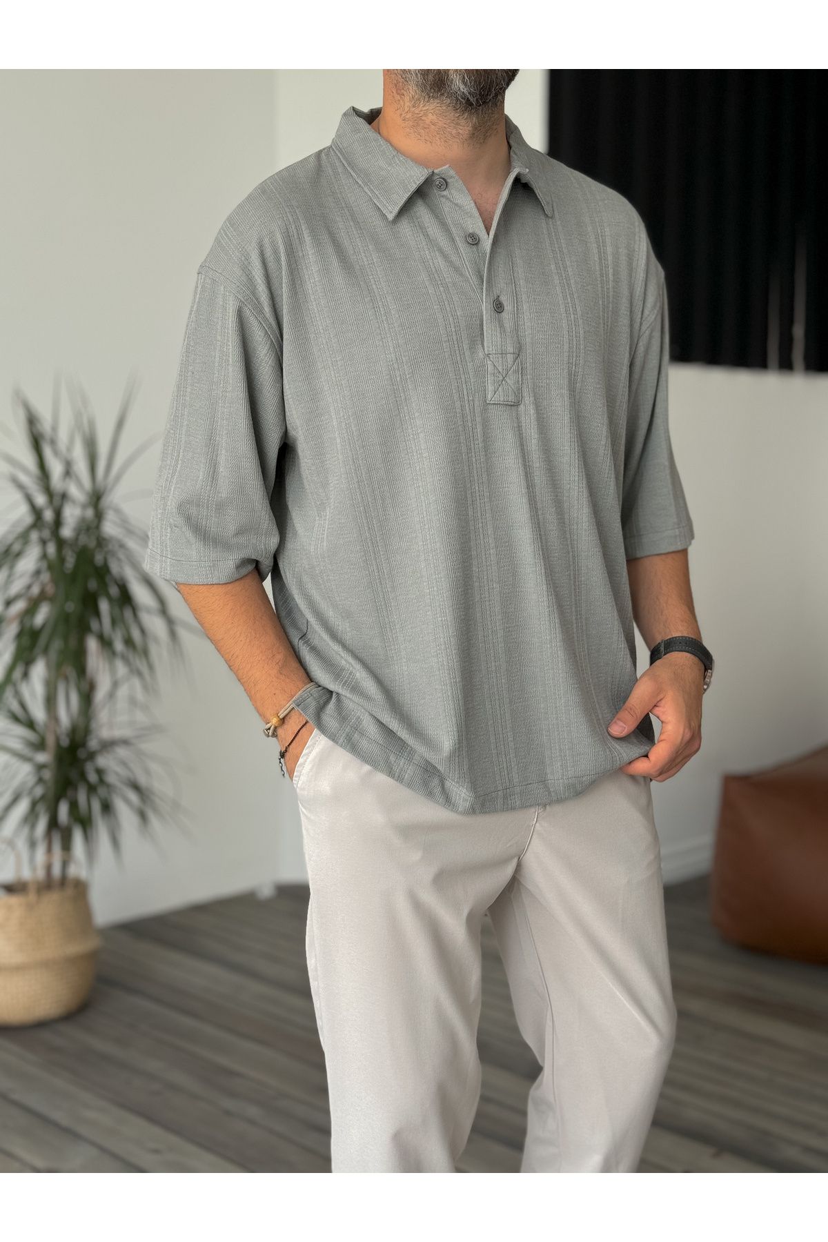 BYBASICMAN-C-1681 Model Smoked Patterned Buttoned T-Shirt 4