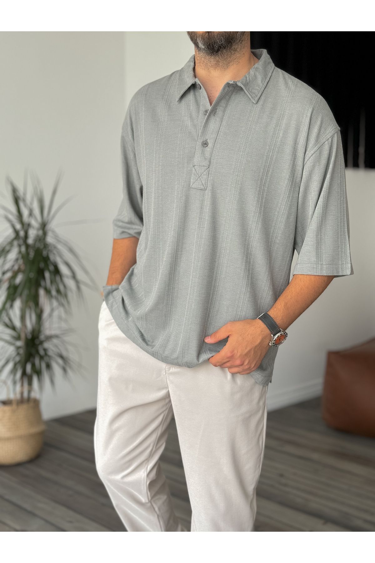 BYBASICMAN-C-1681 Model Smoked Patterned Buttoned T-Shirt 5