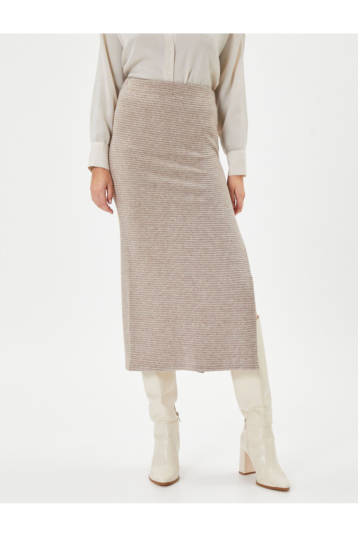 Koton-High Waist Midi Knitwear Skirt - Slit Detail 3
