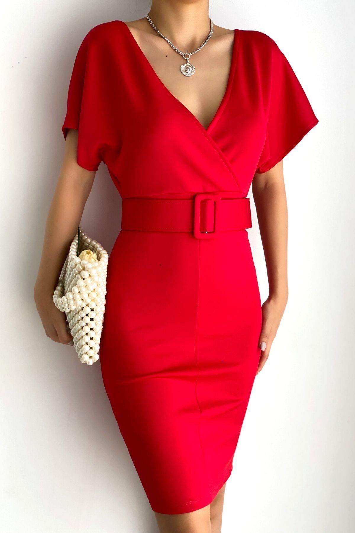 Mossta-Red Lycra Double-breasted Collar Belt Dress 1