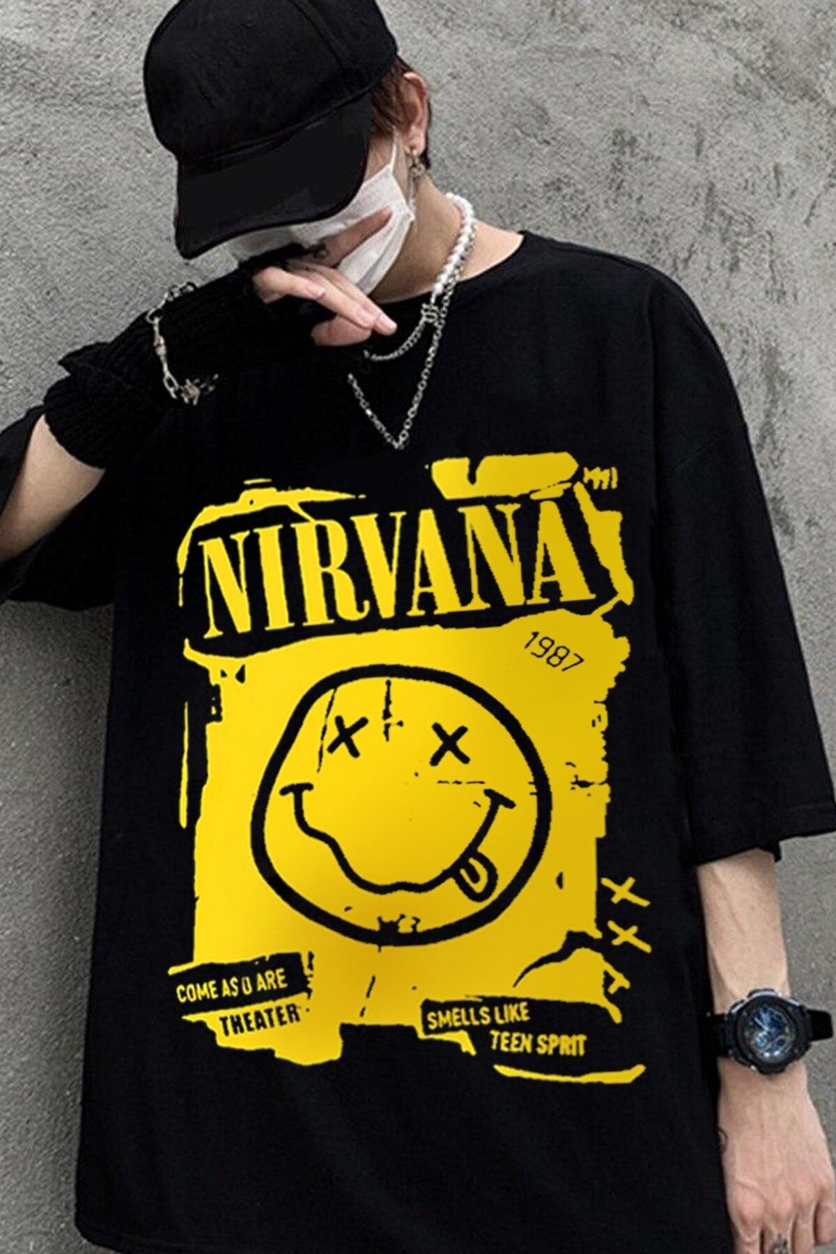 BAREM BUTİK Barem Butik  Siyah Renk Nirvana Baskılı Geniş Kesim Unisex Rock Metal T-shirt