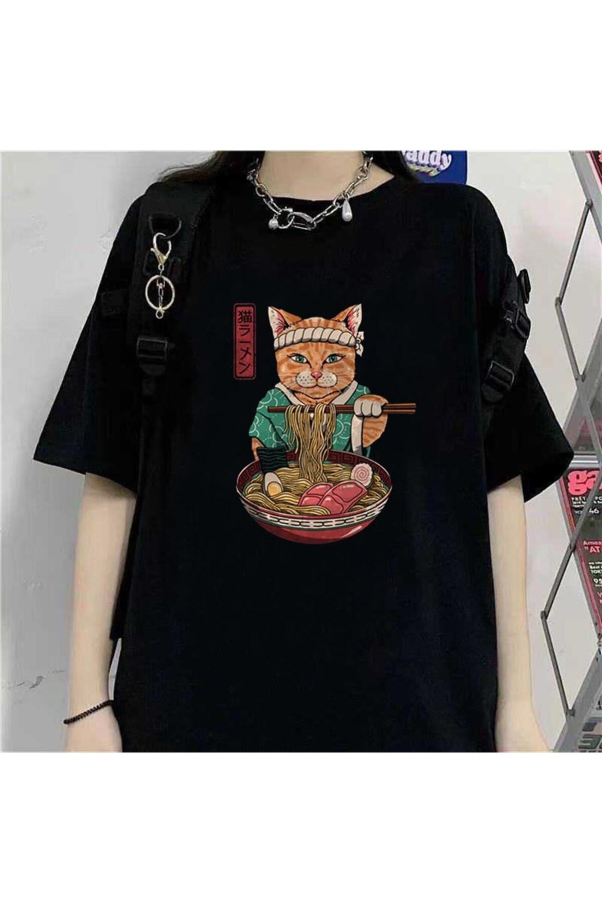 BAREM BUTİK Barem Butik  Samurai Cat Spaghetti Siyah Unisex Oversize T-shirt