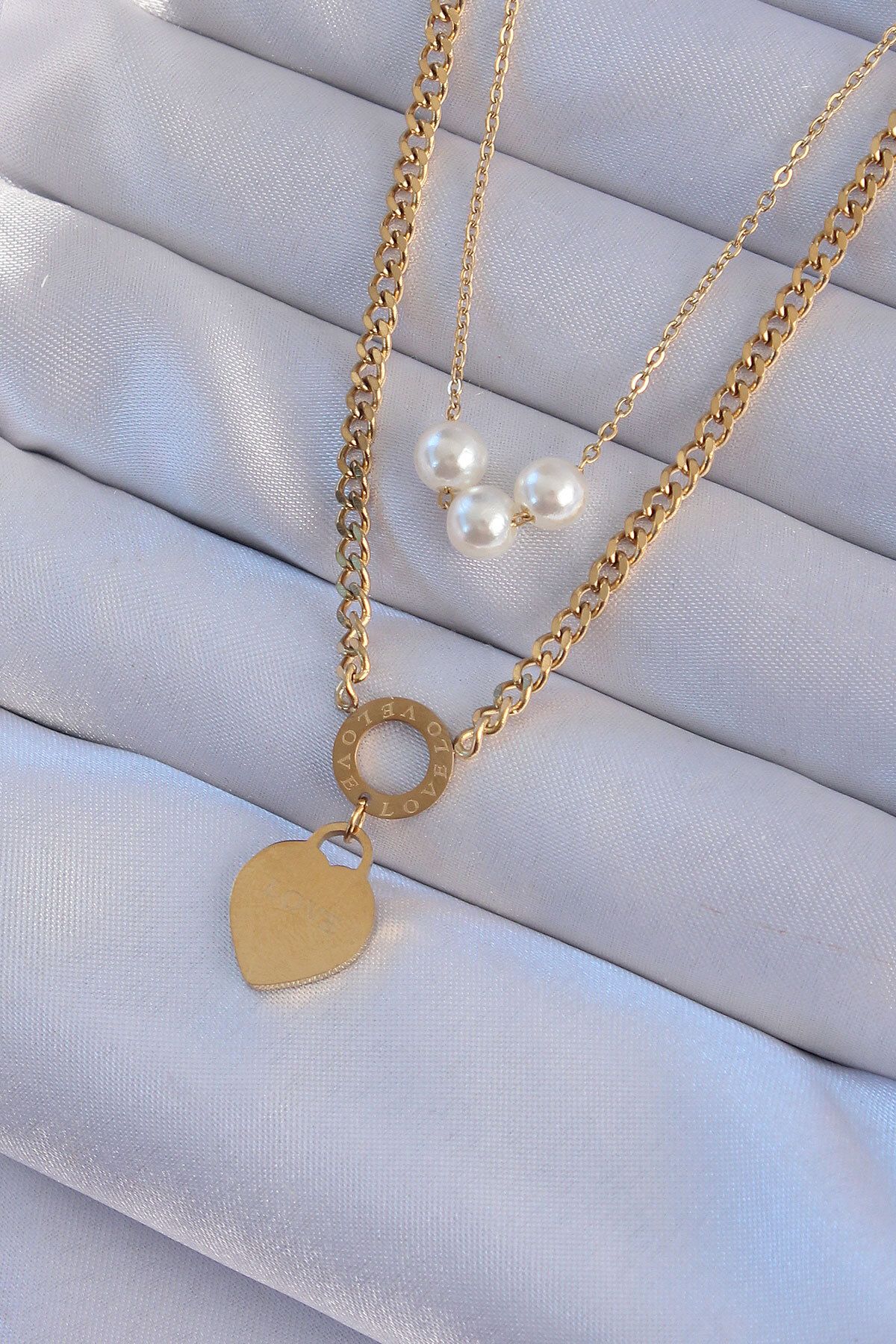MMB Boutique 316L Çelik Gold Renk Çift Zincir İnci Detayı Love Kalp Kolye