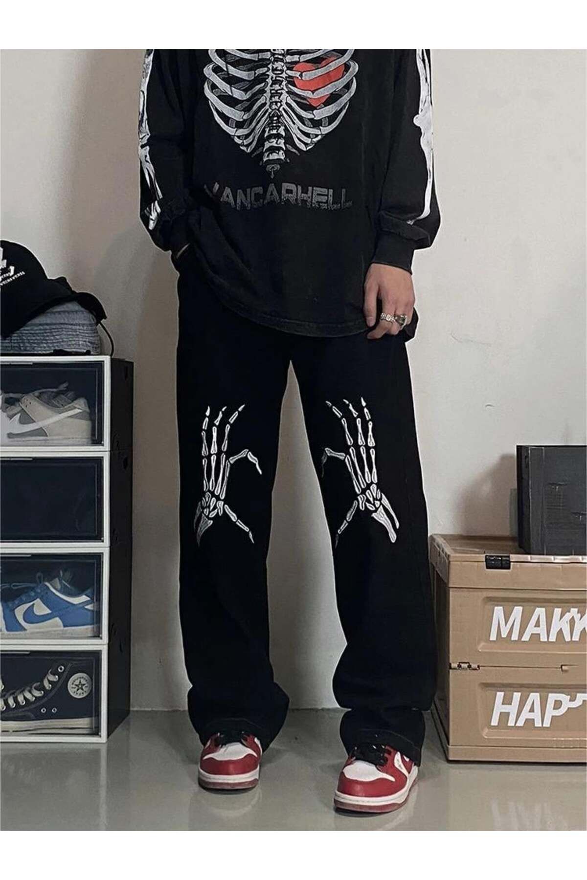 BAREM BUTİK Barem Butik  Sokak Tarzı Skeleton Heart Baskılı Unisex Baggy Eşofman