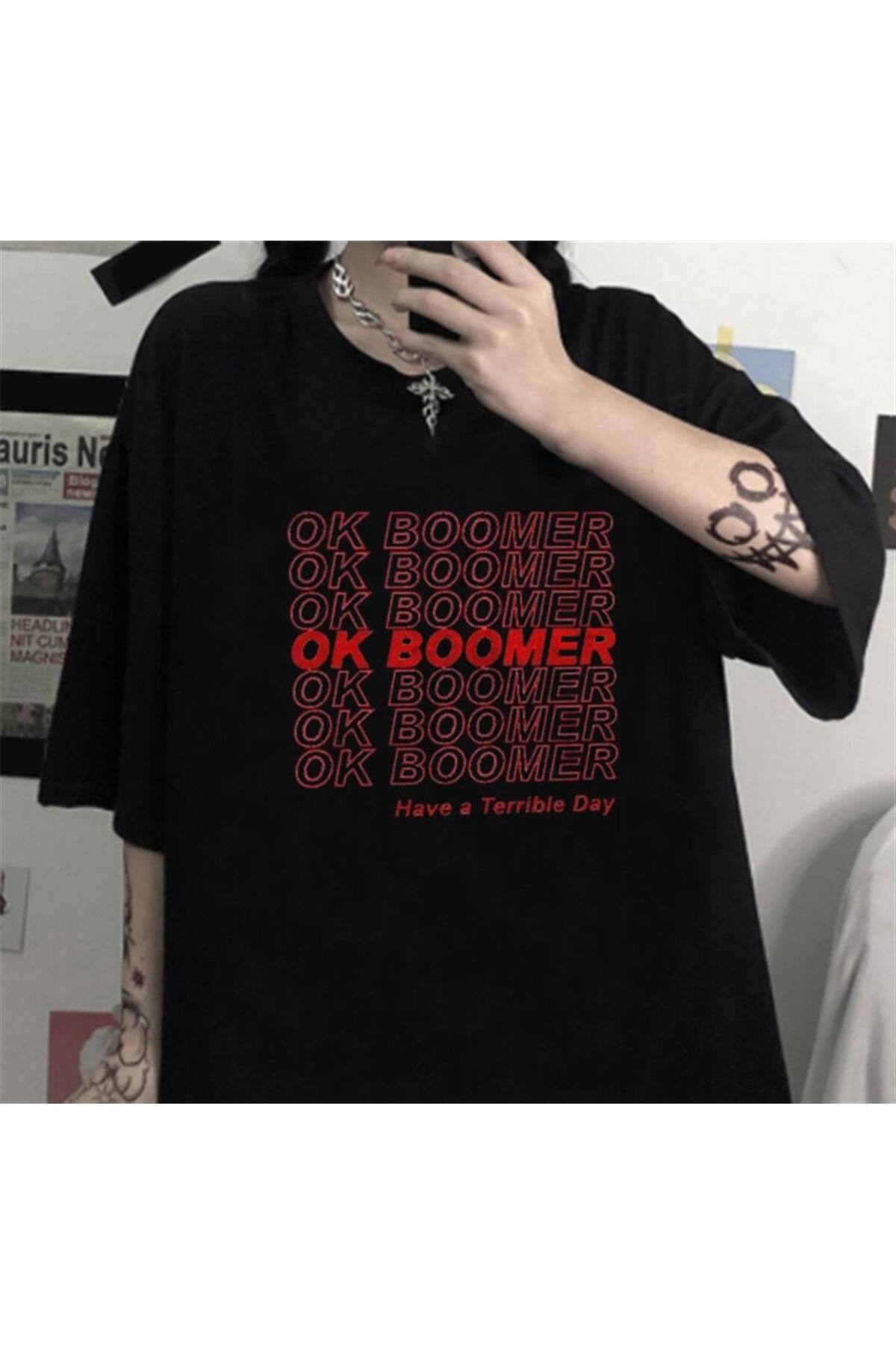 BAREM BUTİK Barem Butik  Ok Boomer Siyah Unisex Oversize T-shirt