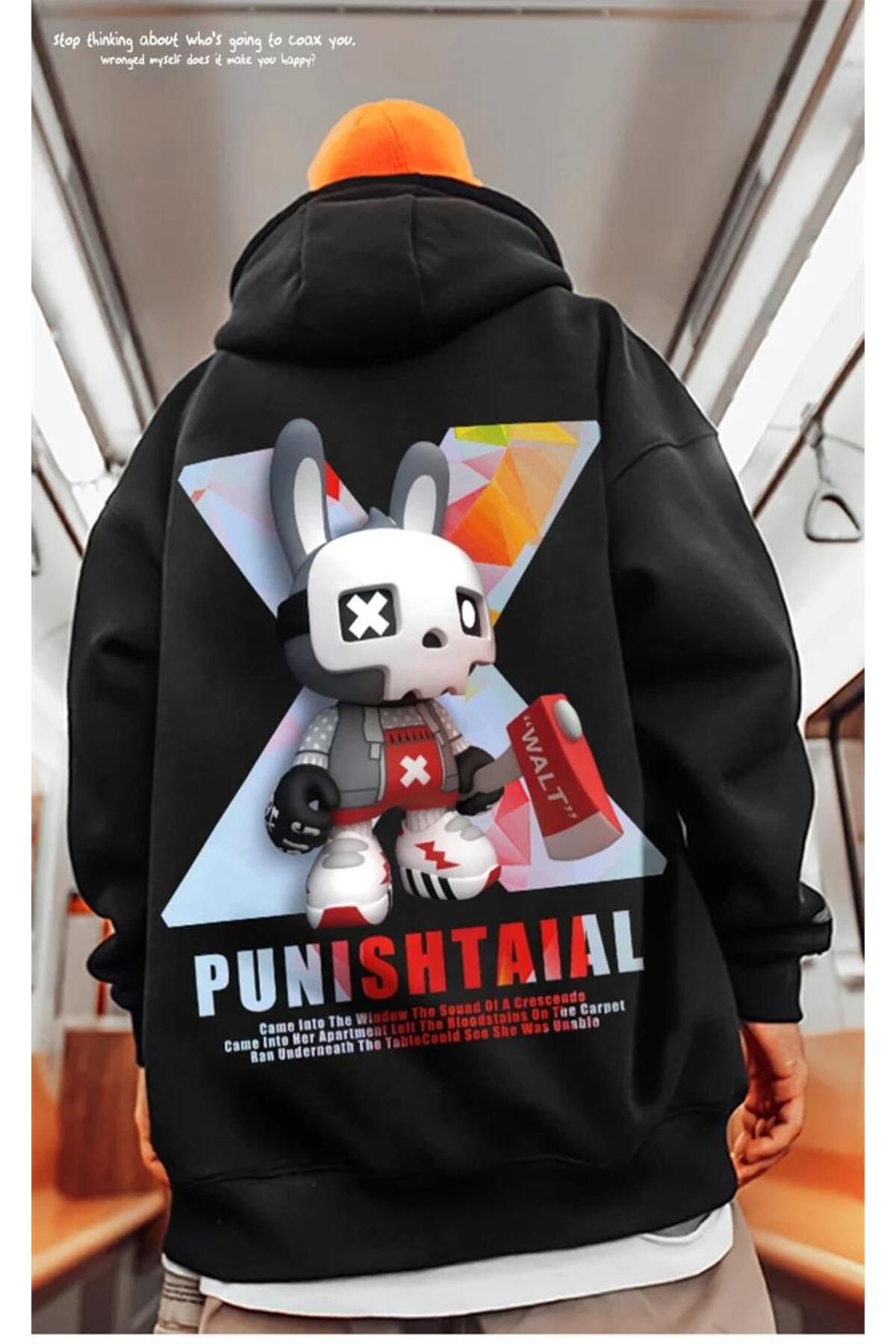 BAREM BUTİK Barem Butik  Street Wear PUNISHTAIAL Baskılı Oversize Unisex Siyah Kapşonlu Hoodie Sweatshirt