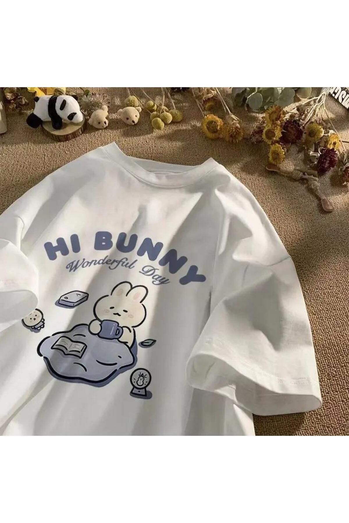 BAREM BUTİK Barem Butik  Hi Bunny Baskılı Beyaz Unisex Oversize T-shirt