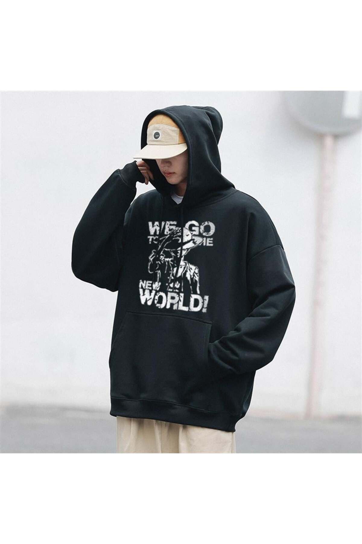 BAREM BUTİK Barem Butik  One Piece We Go Baskılı Siyah Unisex Oversize Kapüşonlu Sweatshirt