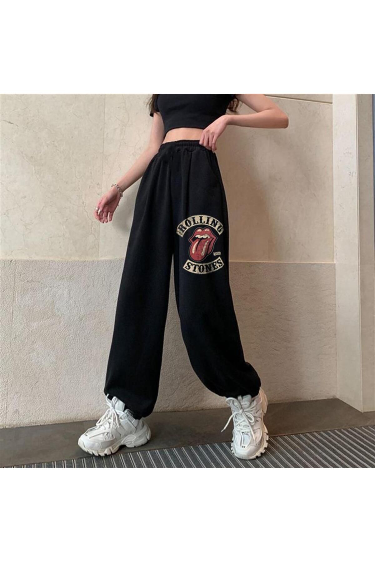 BAREM BUTİK Barem Butik  Rock Serisi Rolling Stones Vintage Baskılı Oversize Unisex Siyah Eşofman Altı