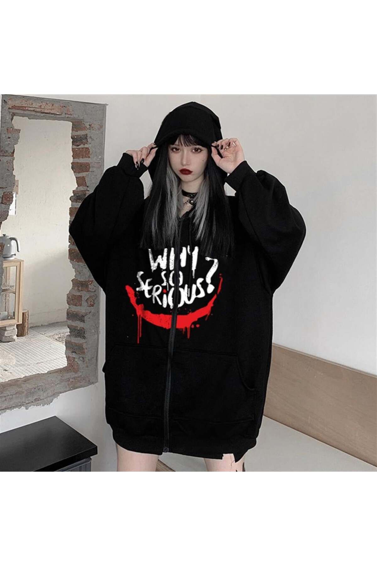 BAREM BUTİK Barem Butik  Why So Serious Baskılı Oversize Fermuarlı Siyah Unisex Kapüşonlu Hırka