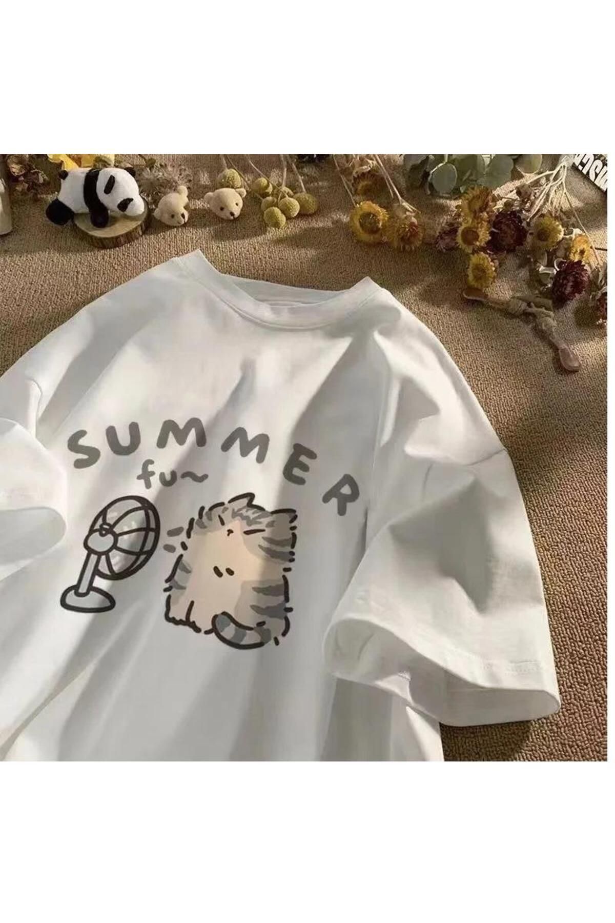 BAREM BUTİK Barem Butik  Summer Cat Baskılı Beyaz Unisex Oversize T-shirt