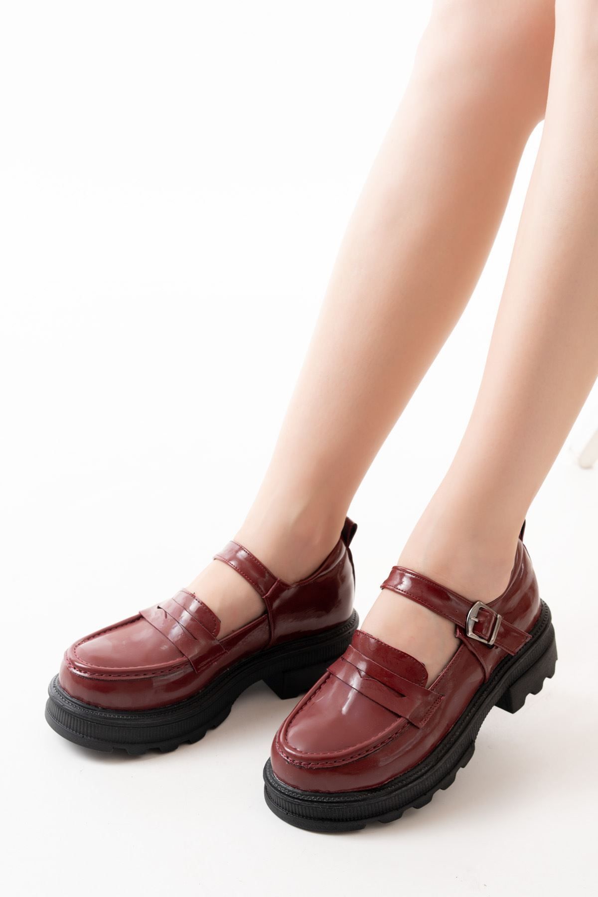 İnfon Ayakkabı Marketi-Infon Shoes Marketi 745-771 Burgundy Patent Leather Women's Casual High-Top Loafers 2