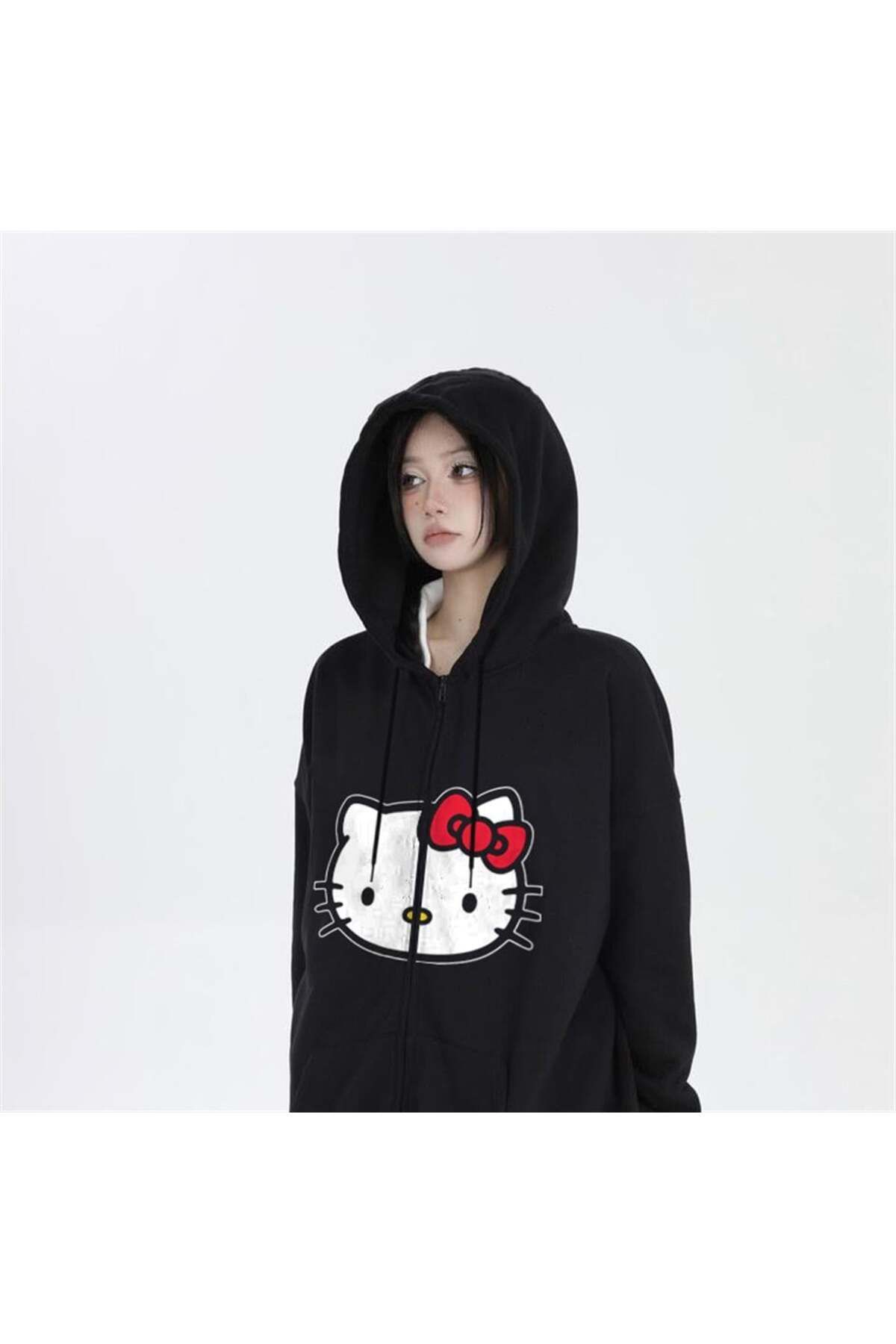 BAREM BUTİK Barem Butik  Hello Kitty Head Baskı Oversize Fermuarlı Siyah Unisex Kapüşonlu Hırka