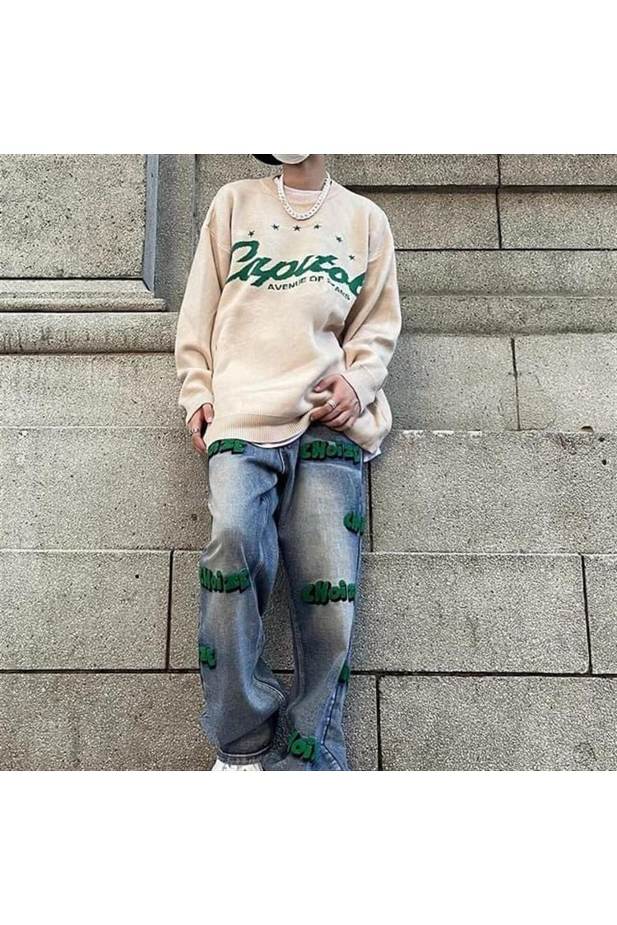 weywot Sphera Touz Y2K Vintage Harajuku Star Capitol Ön Arka Baskılı Unisex Oversize Ecru Kazak