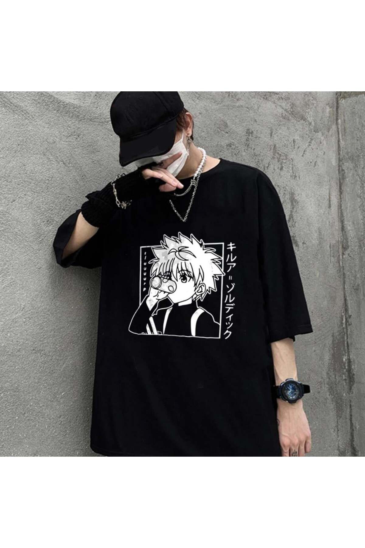 BAREM BUTİK Barem Butik  Hunter X Hunter Killua Baskılı Siyah Unisex Oversize T-shirt