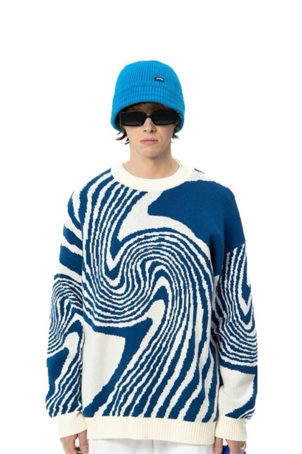 weywot Sphera Touz Vintage Harajuku Kore Style Asimetrik Desenli Unisex Oversize Ecru Kazak