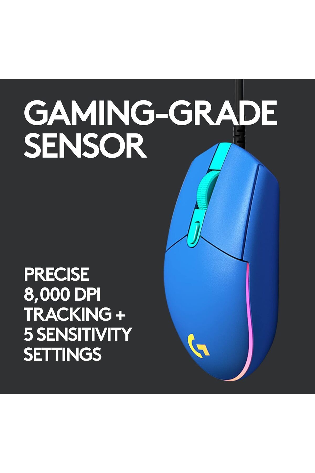 Logitech G-ماوس الألعاب السلكي Logitech G203 من الجيل الثاني، بدقة 8000 نقطة في البوصة، مع تأثير بصري قوس قزح ومزامنة الضوء RGB، و6 برامج 3
