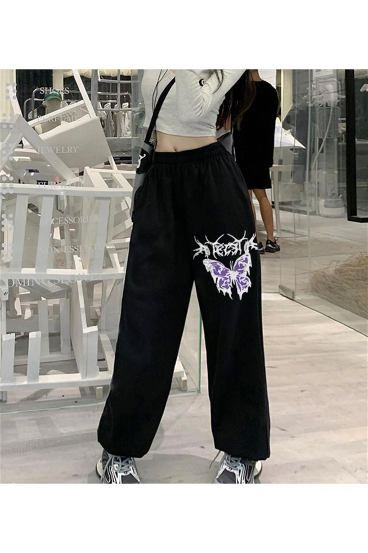 BAREM BUTİK Barem Butik  Gothic Purple Butterfly Baskılı Oversize Unisex Siyah Eşofman Altı