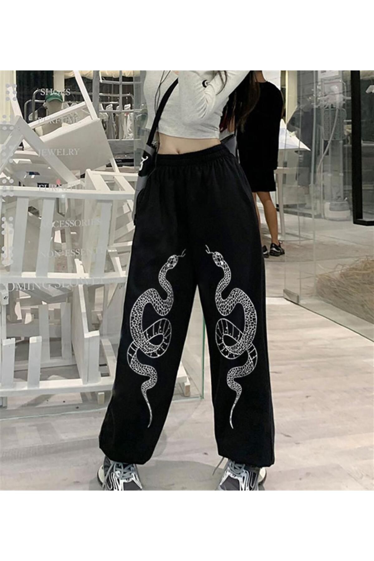 BAREM BUTİK Barem Butik  Gothic Snake Baskılı Oversize Unisex Siyah Eşofman Altı