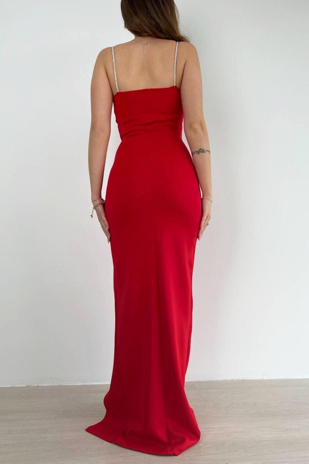 Mossta-Scuba Red Evening Dress with Sling Detail and Slit582513 4