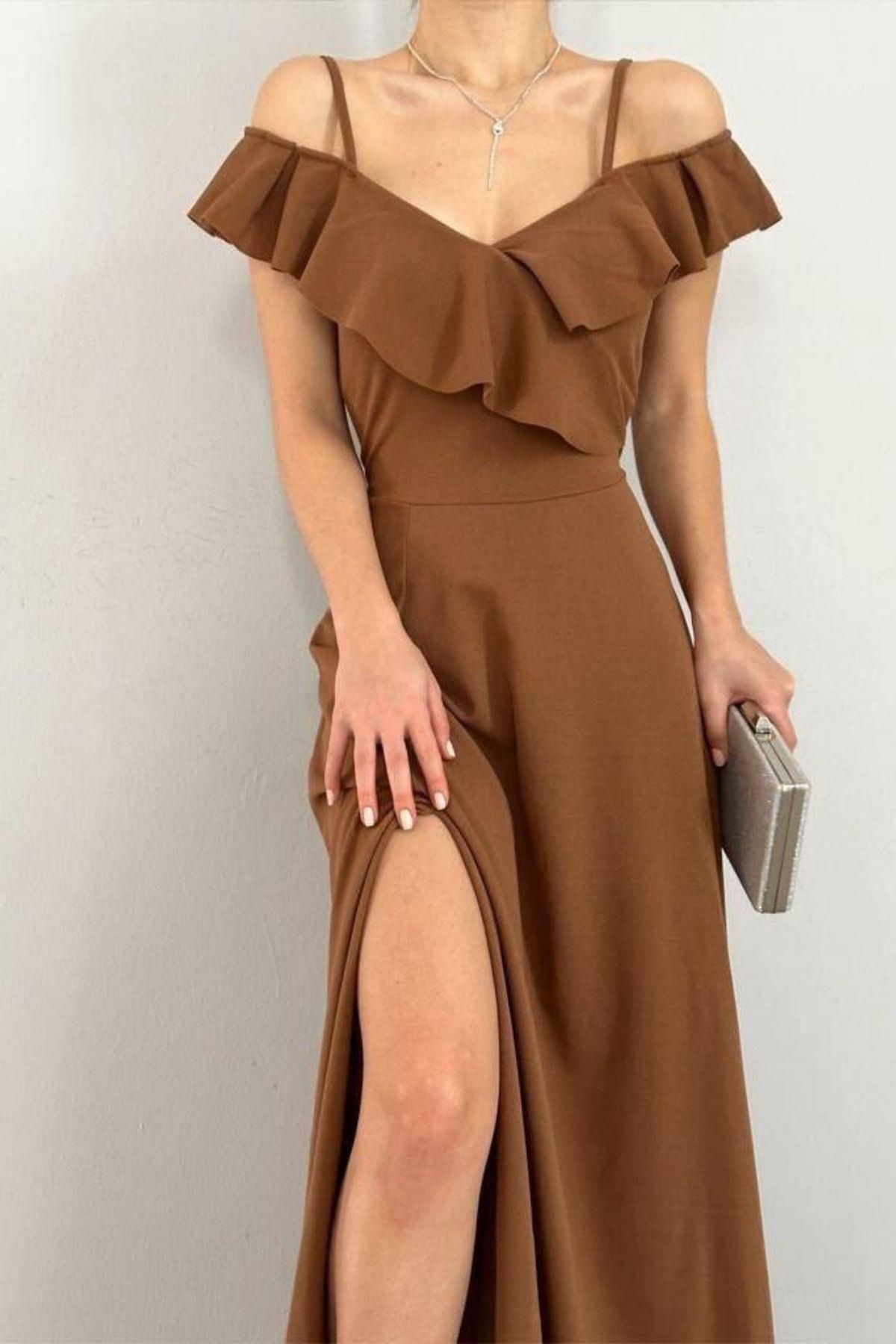 Mossta-Off Shoulder Flounce Collar Slit Evening Dress Brown 3