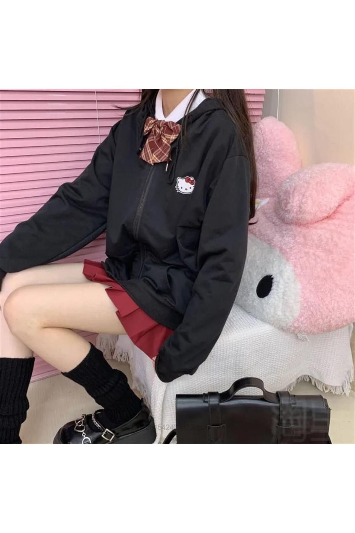 BAREM BUTİK Barem Butik  Hello Kitty Head Baskılı Oversize Fermuarlı Siyah Unisex Kapüşonlu Hırka