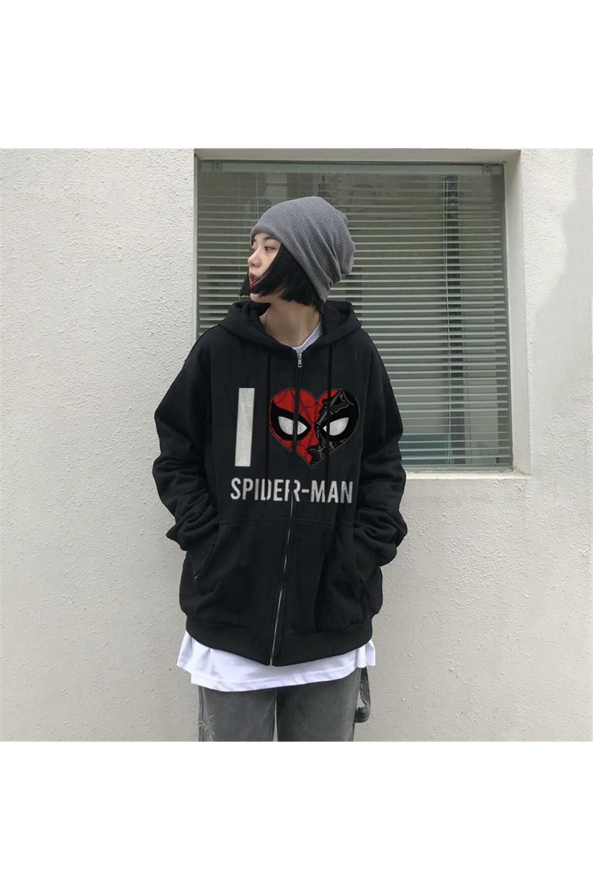 BAREM BUTİK Barem Butik  I Love Spider-Man Baskılı Oversize Fermuarlı Siyah Unisex Kapüşonlu Hırka