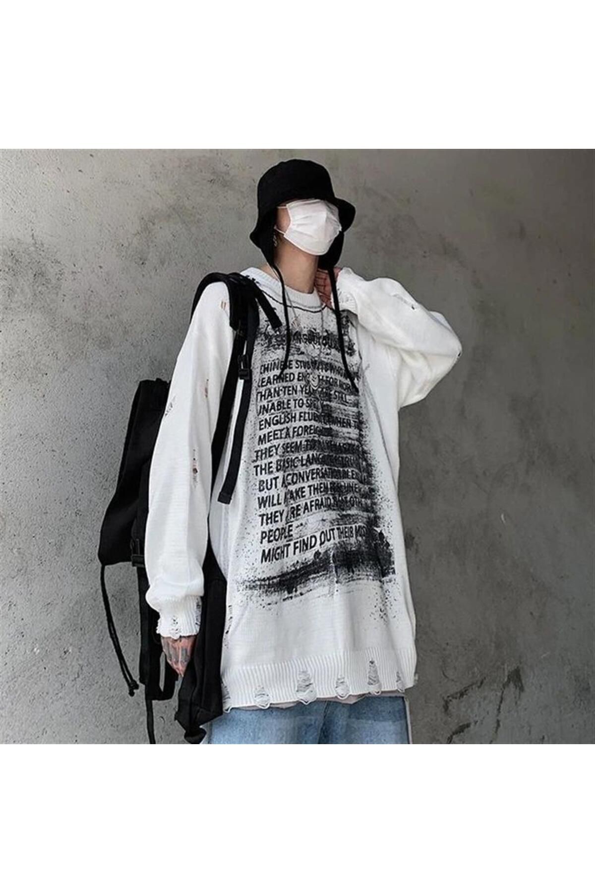 BAREM BUTİK Barem Butik  Touz Vintage Harajuku Graffiti Desenli Unisex Oversize Ecru Kazak