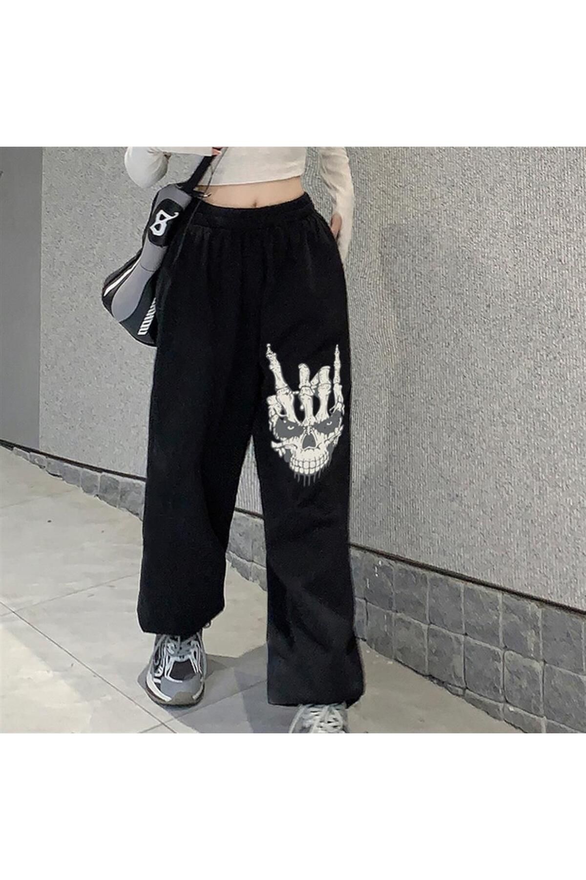 BAREM BUTİK Barem Butik  Gothic Skull Hand Baskılı Oversize Unisex Siyah Eşofman Altı